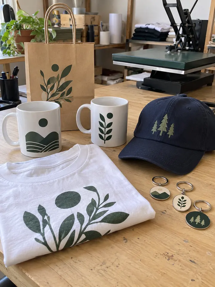 Imagen referencial de tazas, gorra, polera y llaveros personalizados en un taller local